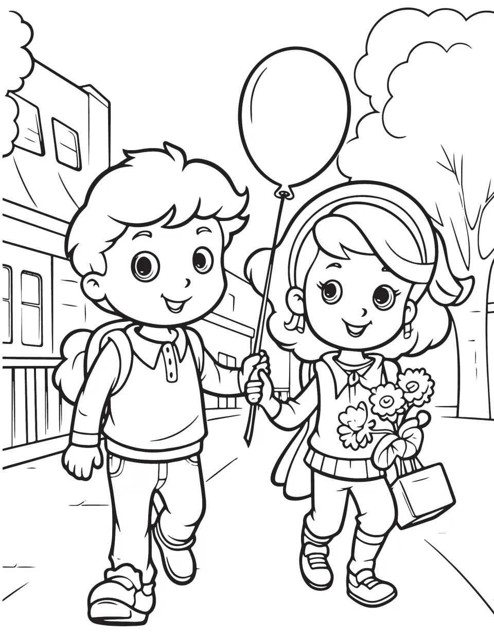 Friendship coloring page: students color two friends walking past school, the girl holding a balloon, flowers and a bag