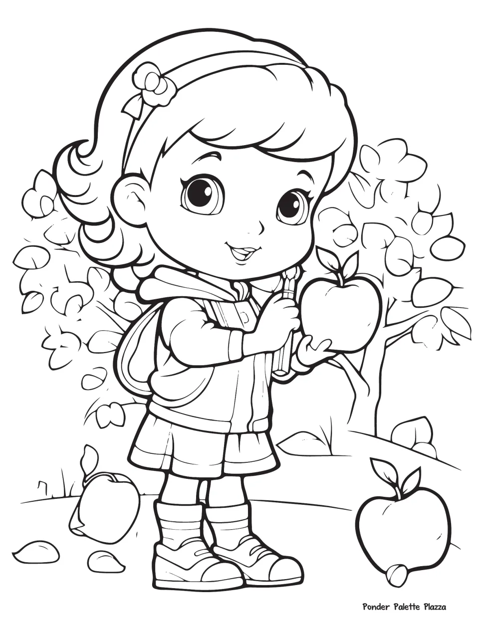 Apple coloring page: students color a girl with a backpack holding an apple and a pencil beside an apple tree