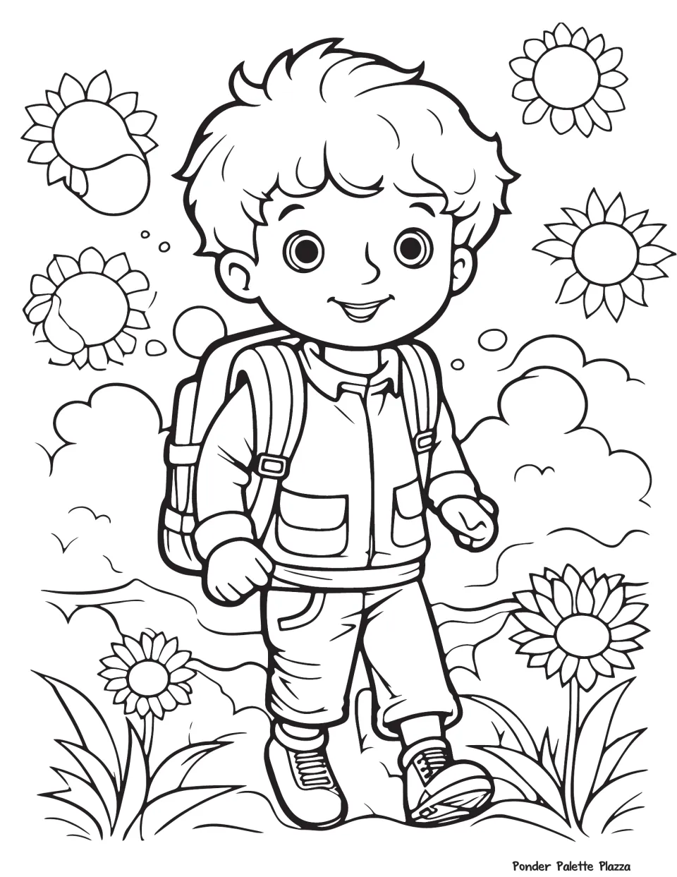 Summer walk coloring page: students color a boy with a backpack strolling among sunflowers under clouds and suns