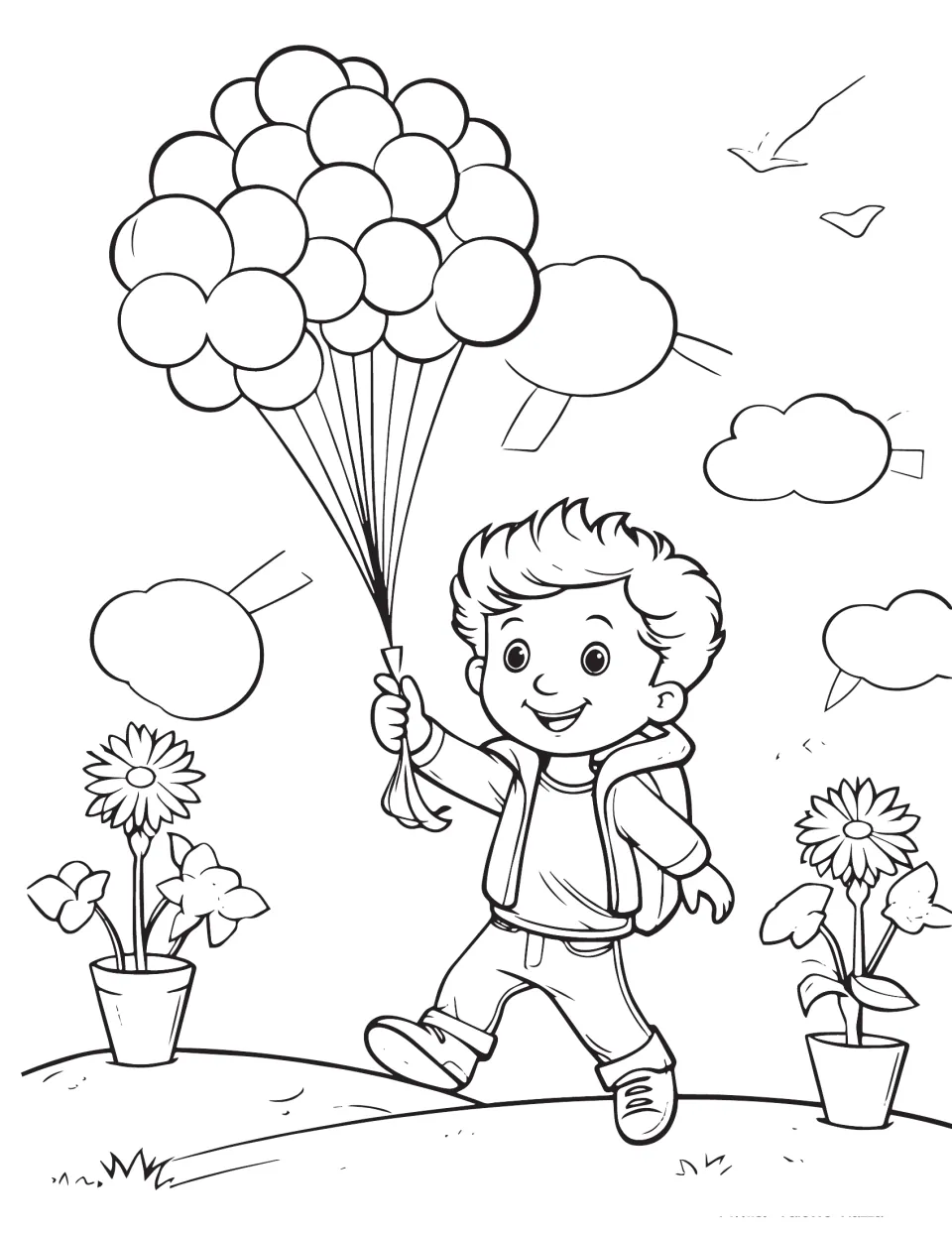 Celebration coloring page: students color a boy with a backpack carrying a big balloon bunch past potted flowers