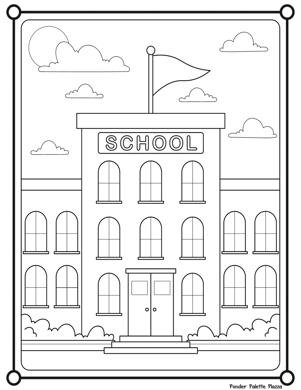 Colouring page of a multi-story school building with a SCHOOL sign, flag on the roof, arched windows, clouds and a sun
