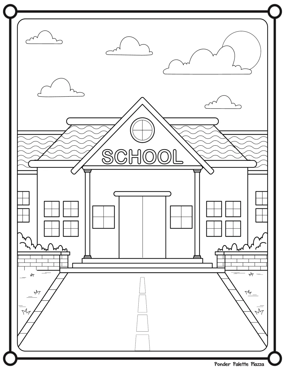 Colouring page of a one-story school with a peaked roof, SCHOOL sign, columned entrance and a road leading to the door