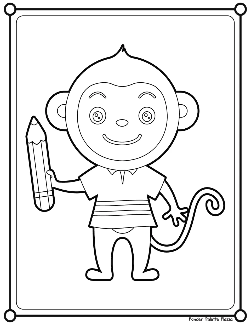 Colouring page of a smiling cartoon monkey in a striped shirt holding a large pencil, with its curly tail beside it