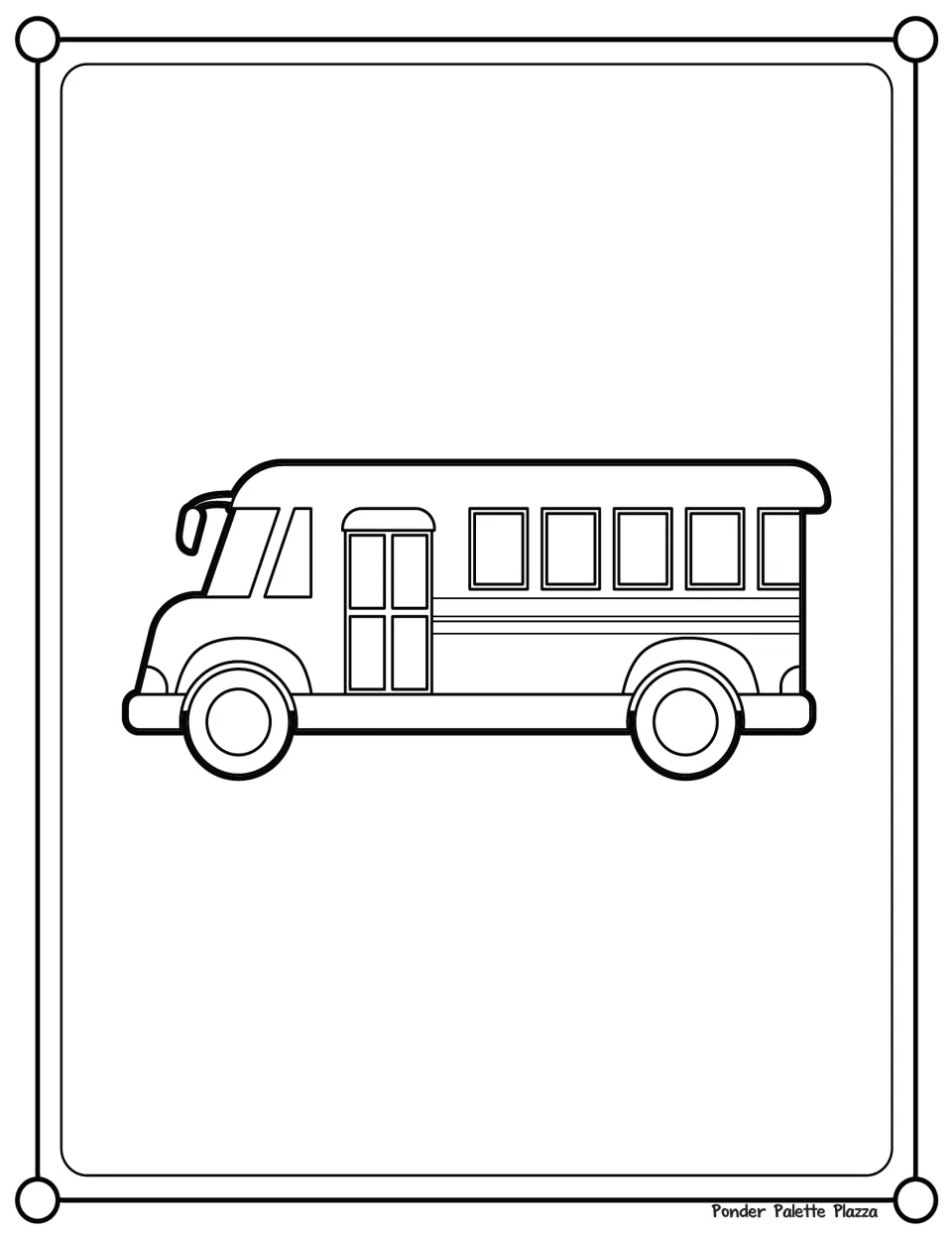Colouring page of a school bus shown from the side, with a folding front door, a row of passenger windows and two wheels