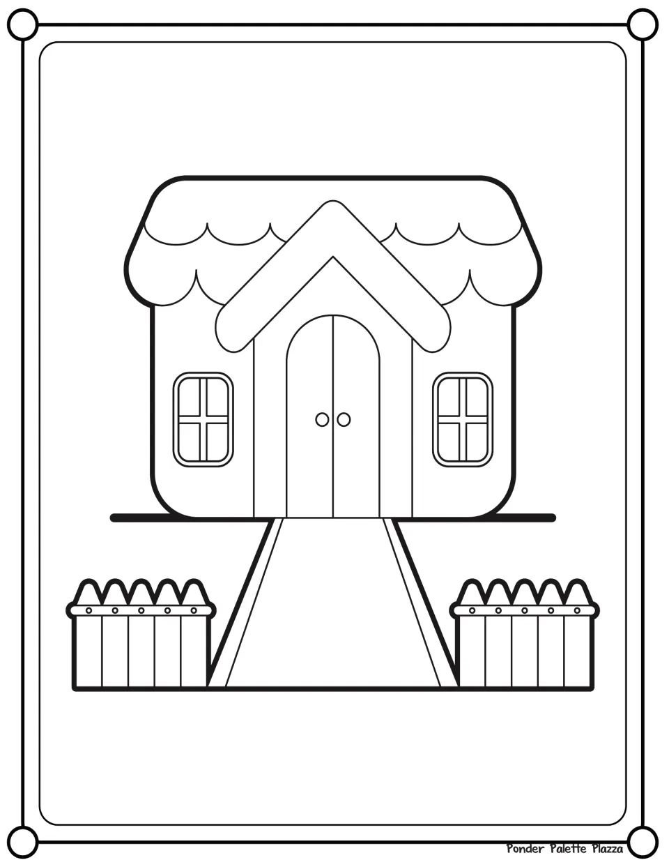 Colouring page of a small house with a scalloped roof, arched double door, two windows, a front path and picket fences