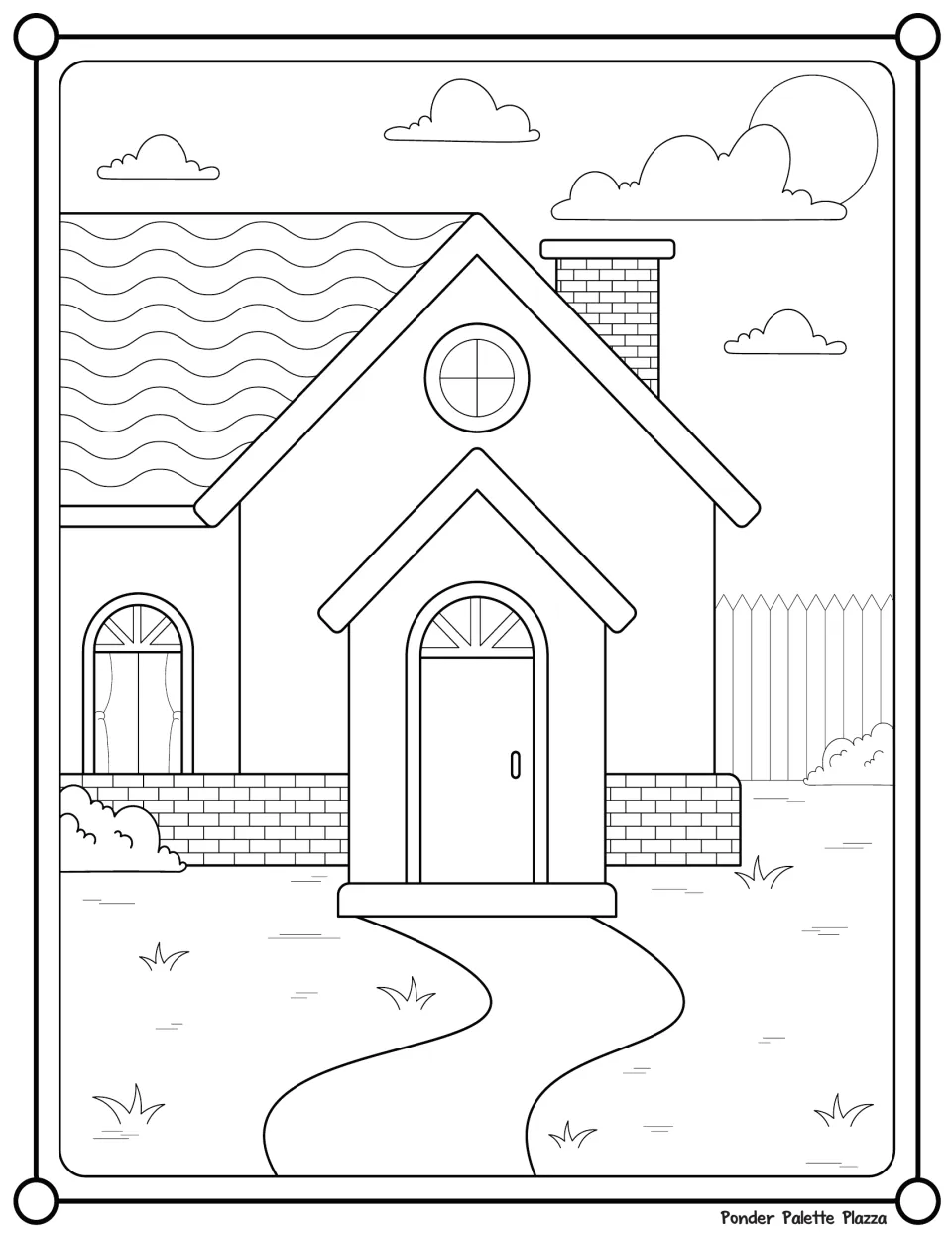 Colouring page of a house with a brick chimney, round attic window, arched front door, winding path, fence and bushes