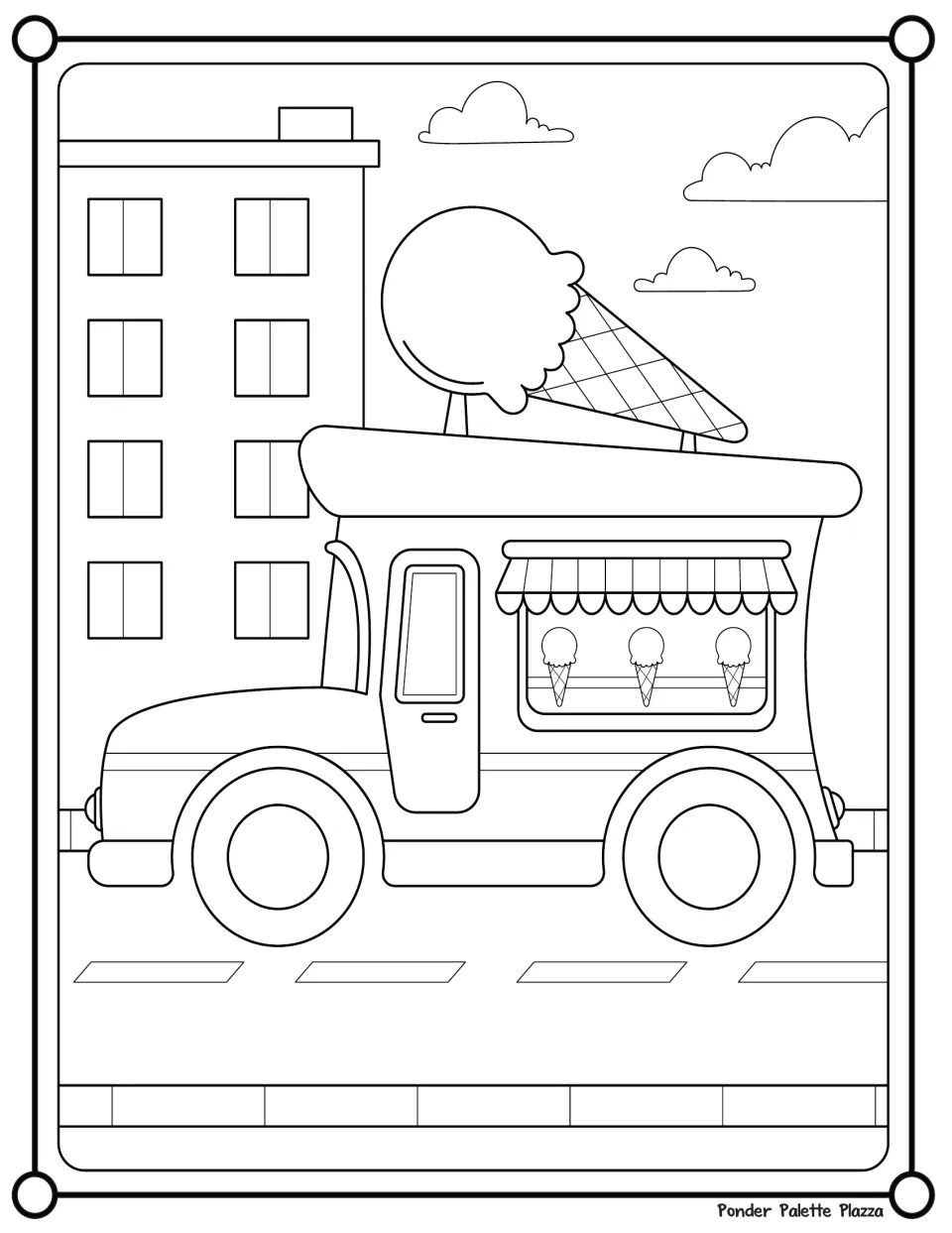 Colouring page of an ice cream truck topped by a giant cone, with cones in its window, parked on a city street
