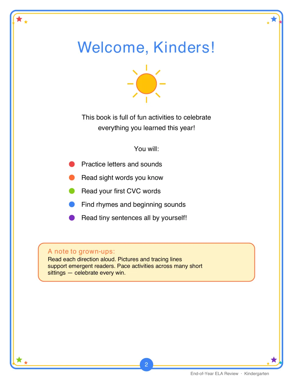 Welcome, Kinders! intro listing the year's skills: letters and sounds, sight words, CVC words, rhymes and tiny sentences
