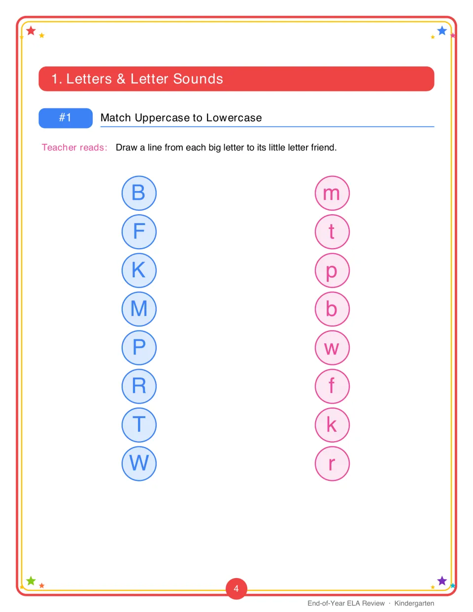 Letter matching: students draw a line from each uppercase letter B, F, K, M, P, R, T, W to its matching lowercase letter