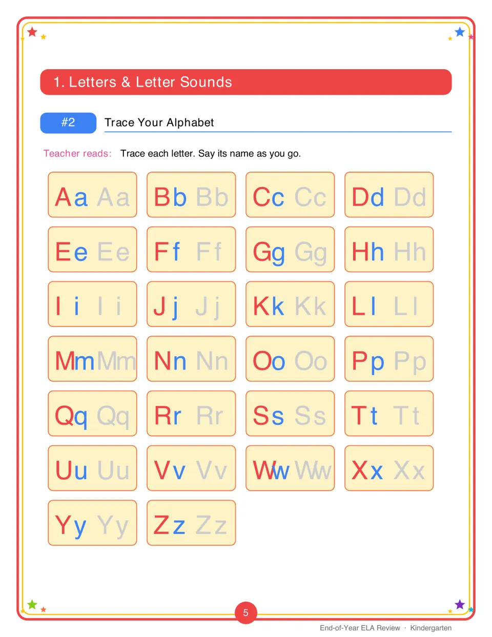 Trace Your Alphabet: students trace each upper and lowercase letter pair from Aa to Zz, saying each letter name aloud