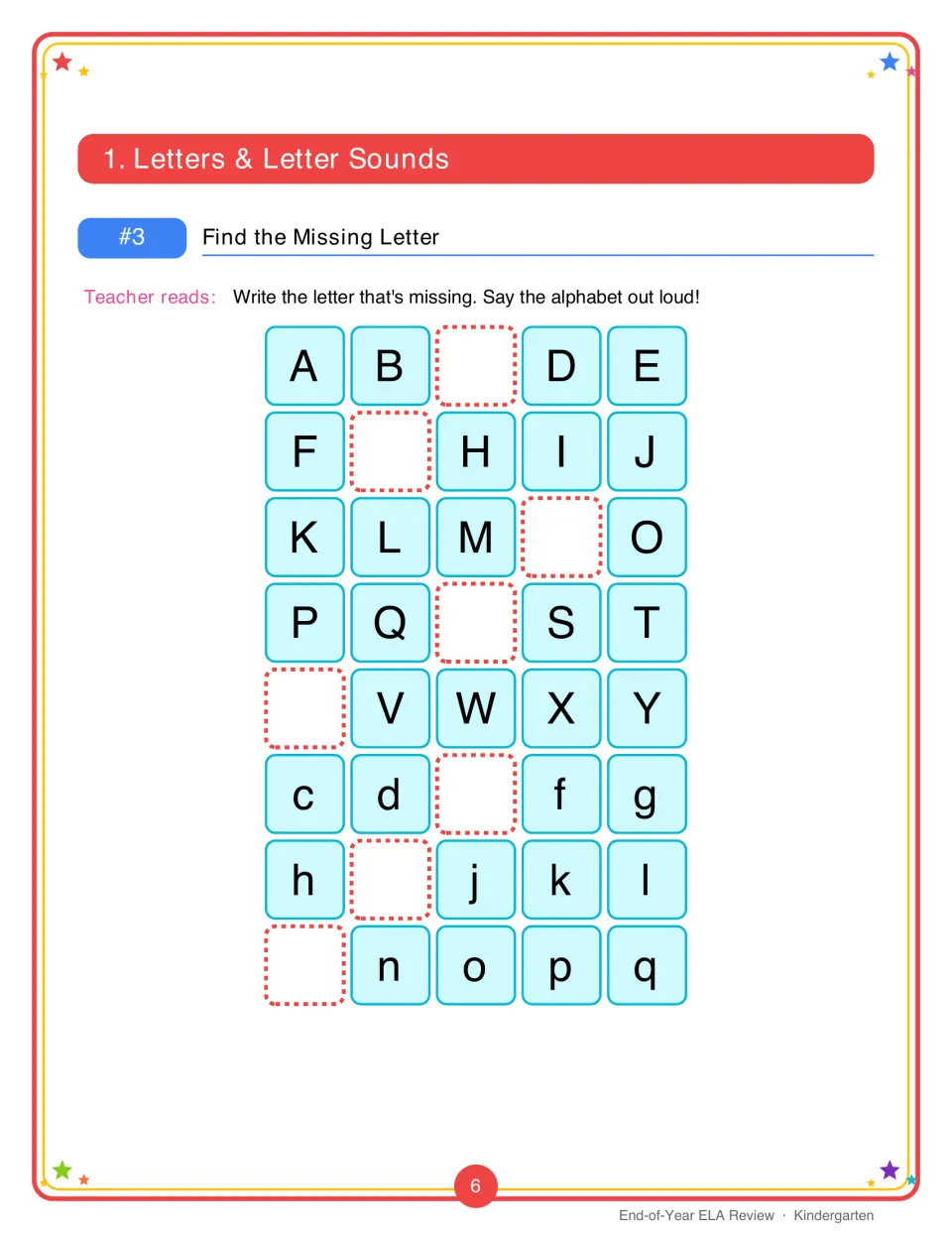 Find the Missing Letter: students write the missing letters in alphabet sequences of capitals A to Y and lowercase c to q