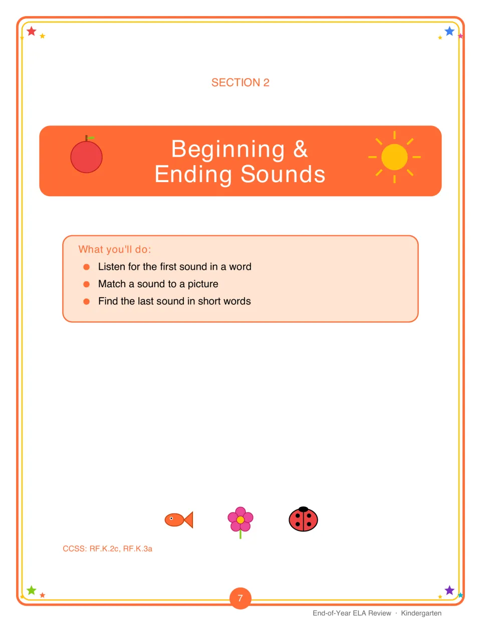 Section 2 opener, Beginning & Ending Sounds: listen for first sounds, match sounds to pictures, find last sounds