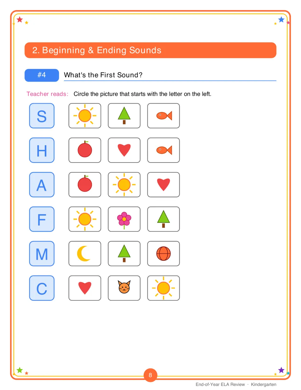 What's the First Sound?: for letters S, H, A, F, M and C, students circle the picture that begins with that letter's sound