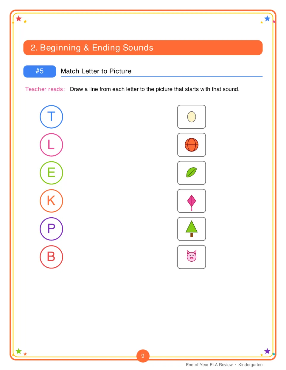 Match Letter to Picture: students draw lines from T, L, E, K, P and B to a tree, leaf, egg, kite, pig and ball
