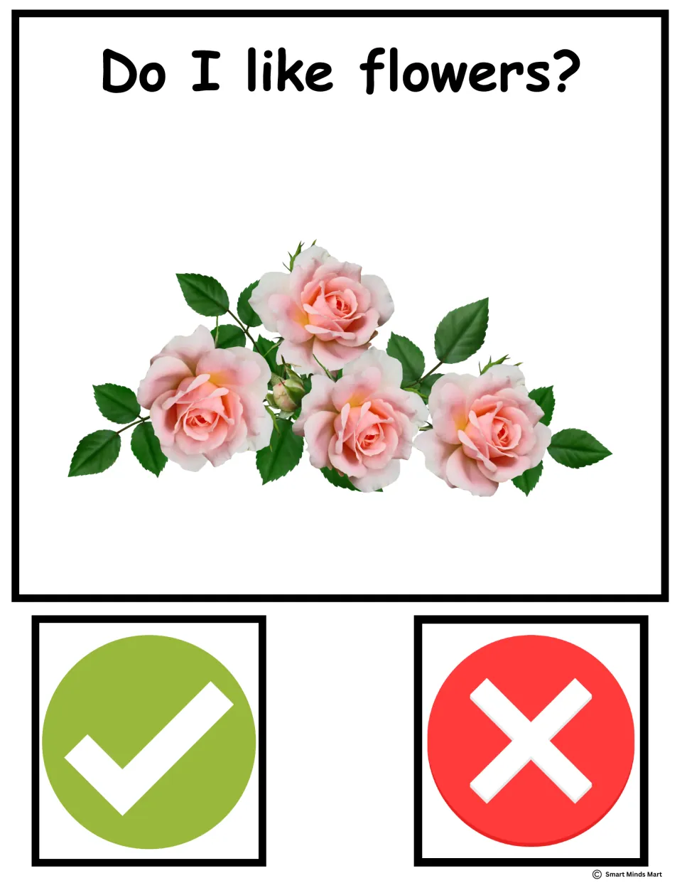 Do I like flowers? Guess card with pink roses; students choose the green check for yes or the red X for no