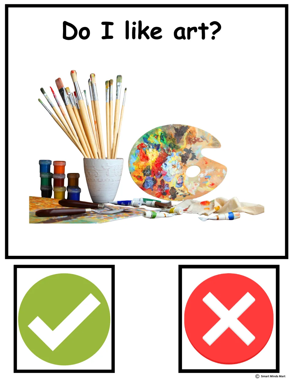 Do I like art? Guess card showing paintbrushes, paint jars and a palette; students choose yes (check) or no (X)