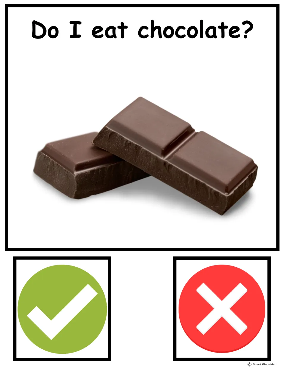 Do I eat chocolate? Guess card with two chocolate bar pieces; students decide yes or no using the check and X icons