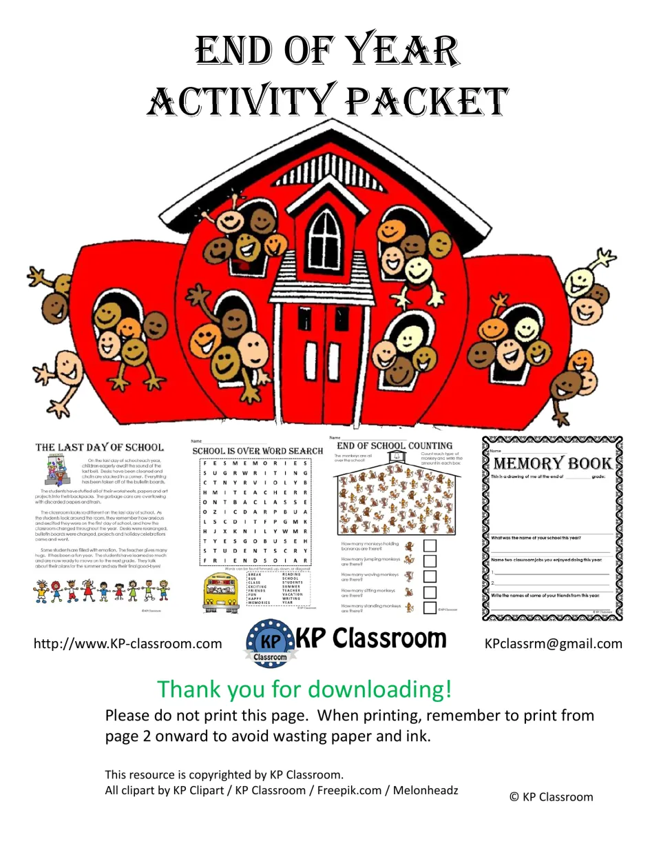 End of Year Activity Packet cover: red schoolhouse of children and previews of a passage, word search and memory book