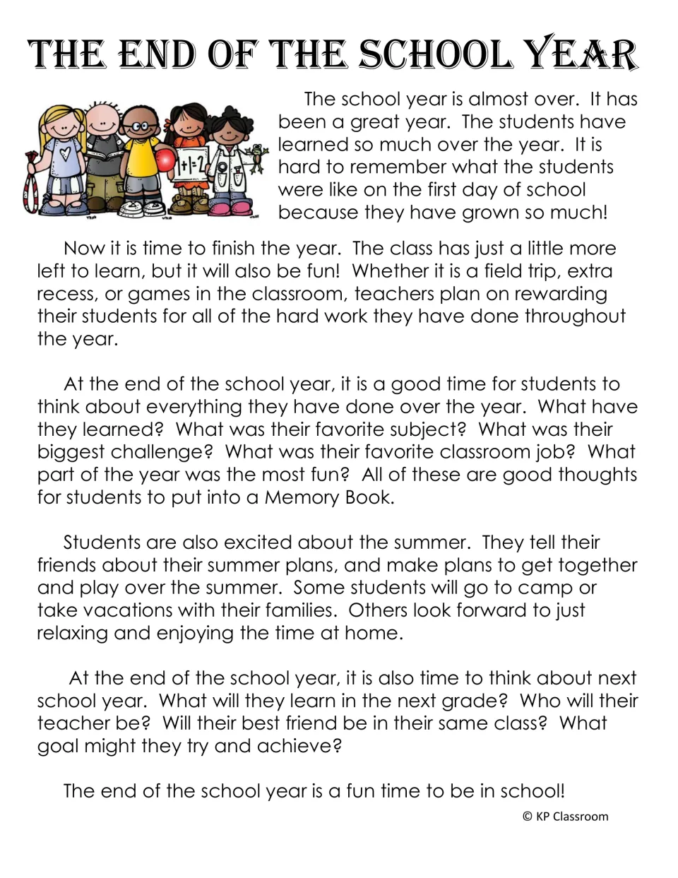 The End of the School Year reading passage about rewards, memory book ideas, summer plans and thinking ahead to next year