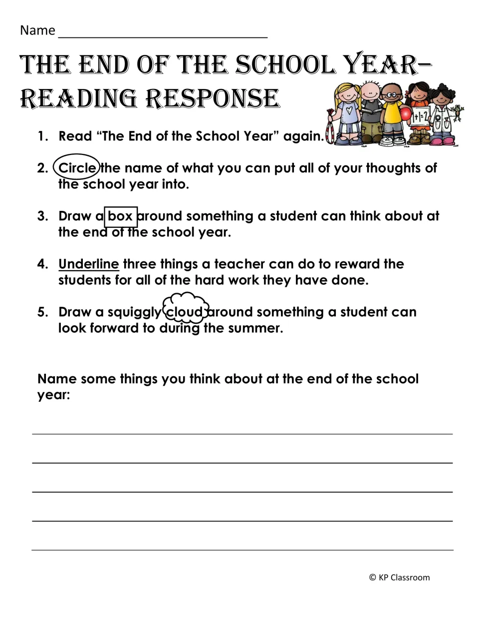 End of school year reading response: students circle, box, underline and cloud text details, then list their own thoughts