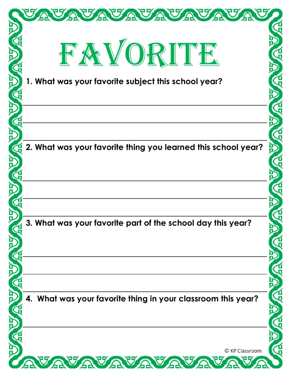 Favorite reflection page: students write their favorite subject, thing learned, part of the day and classroom thing