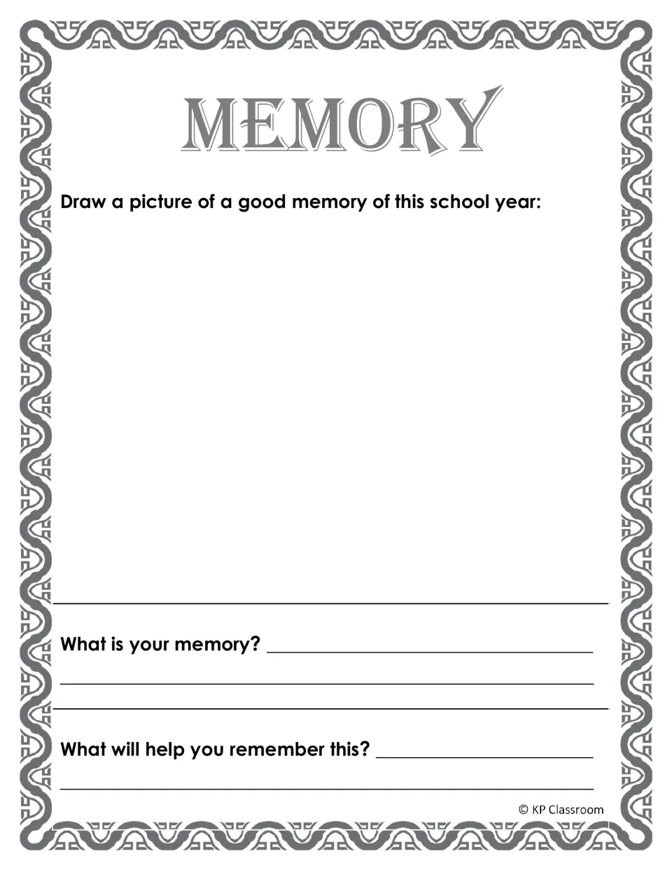 Memory page: students draw a good memory from this school year, describe it and write what will help them remember it