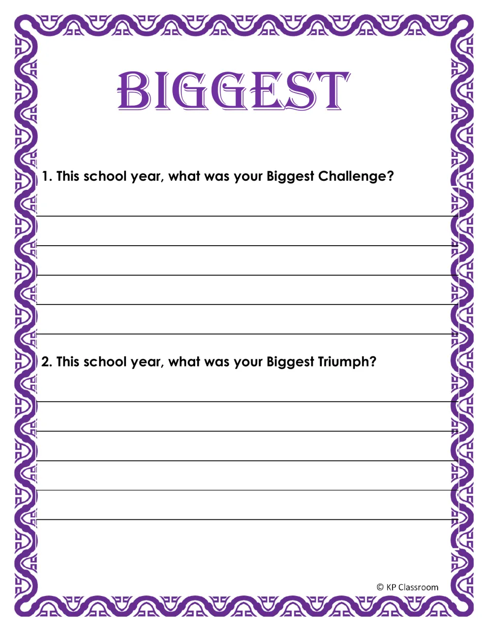Biggest reflection page: students write about their biggest challenge and their biggest triumph of this school year