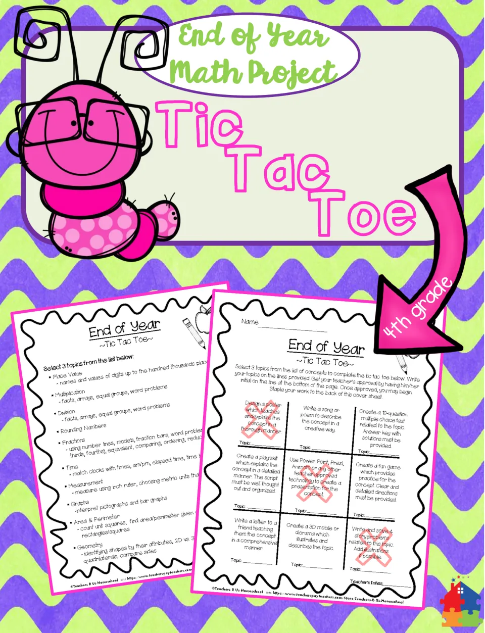 Cover of the fourth-grade end-of-year math project, showing the tic-tac-toe choices and topic checklist.