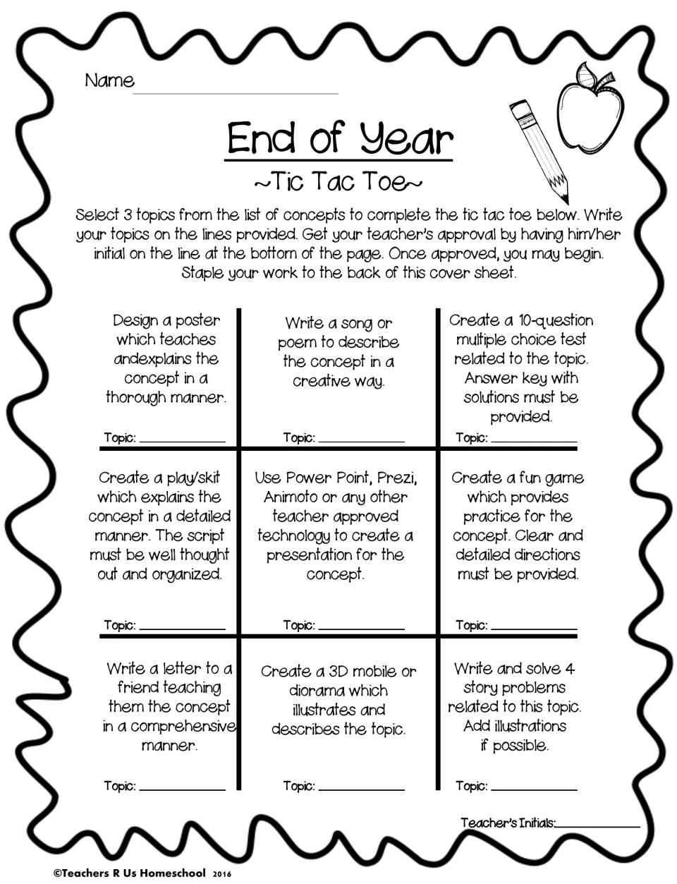 Project choice board with nine options, including a poster, song or poem, test, skit, and math game.