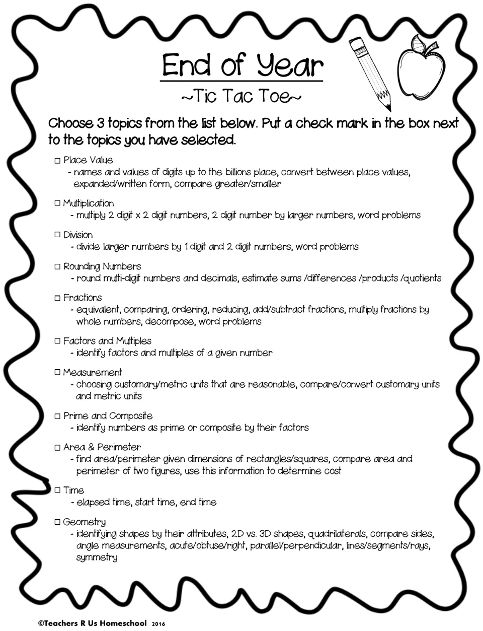 Math topic checklist for choosing three concepts from 11 options, including fractions and geometry.