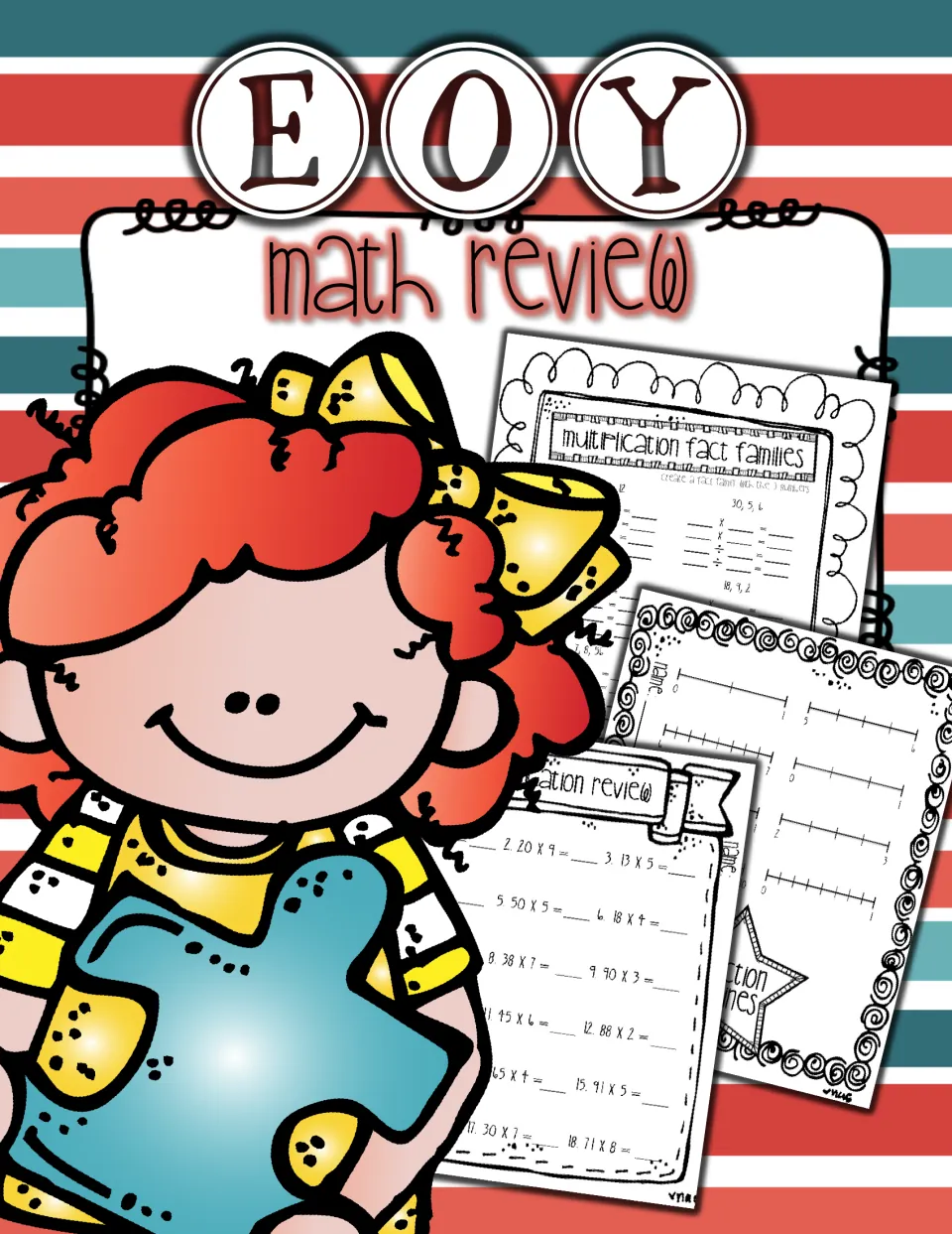 EOY math review cover showing sample pages: multiplication review, multiplication fact families and fraction number lines