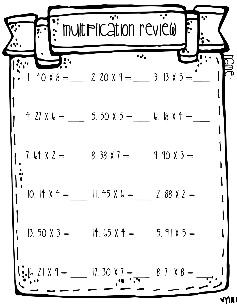 Multiplication review: students solve 18 problems multiplying two-digit numbers by one-digit numbers, such as 40 x 8