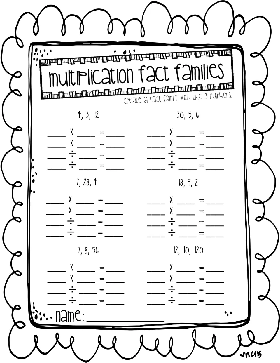 Multiplication fact families: students write two multiplication and two division facts for each of six number sets