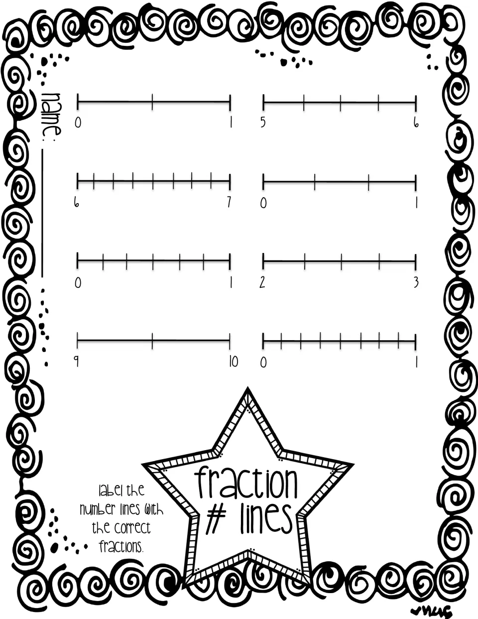 Fraction number lines: students label the tick marks on eight number lines, such as 0 to 1 and 5 to 6, with fractions