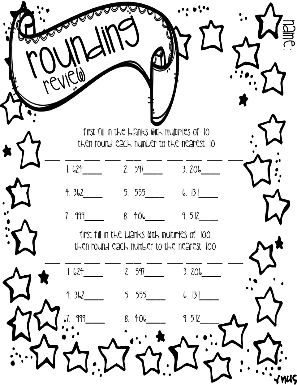 Rounding review: students fill in multiples of 10 and 100, then round nine three-digit numbers to the nearest 10 and 100