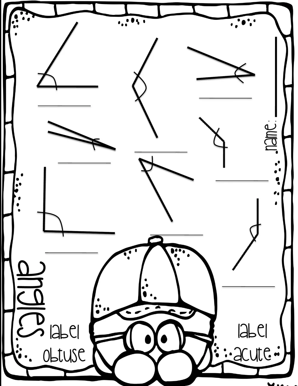 Angles: students identify and label eight drawn angles as acute or obtuse, writing the angle type on the line below each