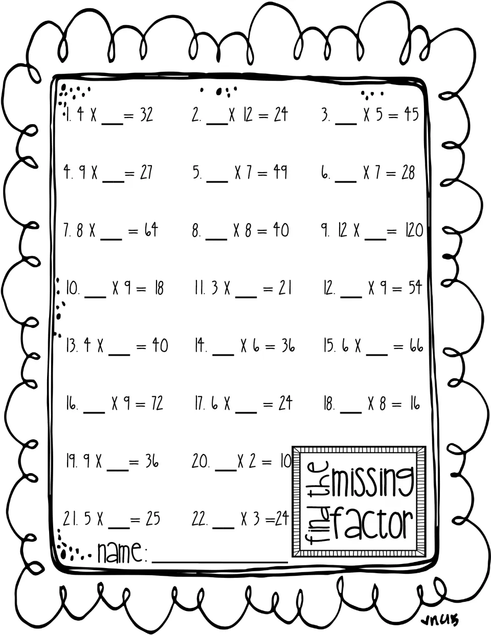 Find the missing factor: students fill in the blank factor in 22 multiplication equations such as 4 x __ = 32