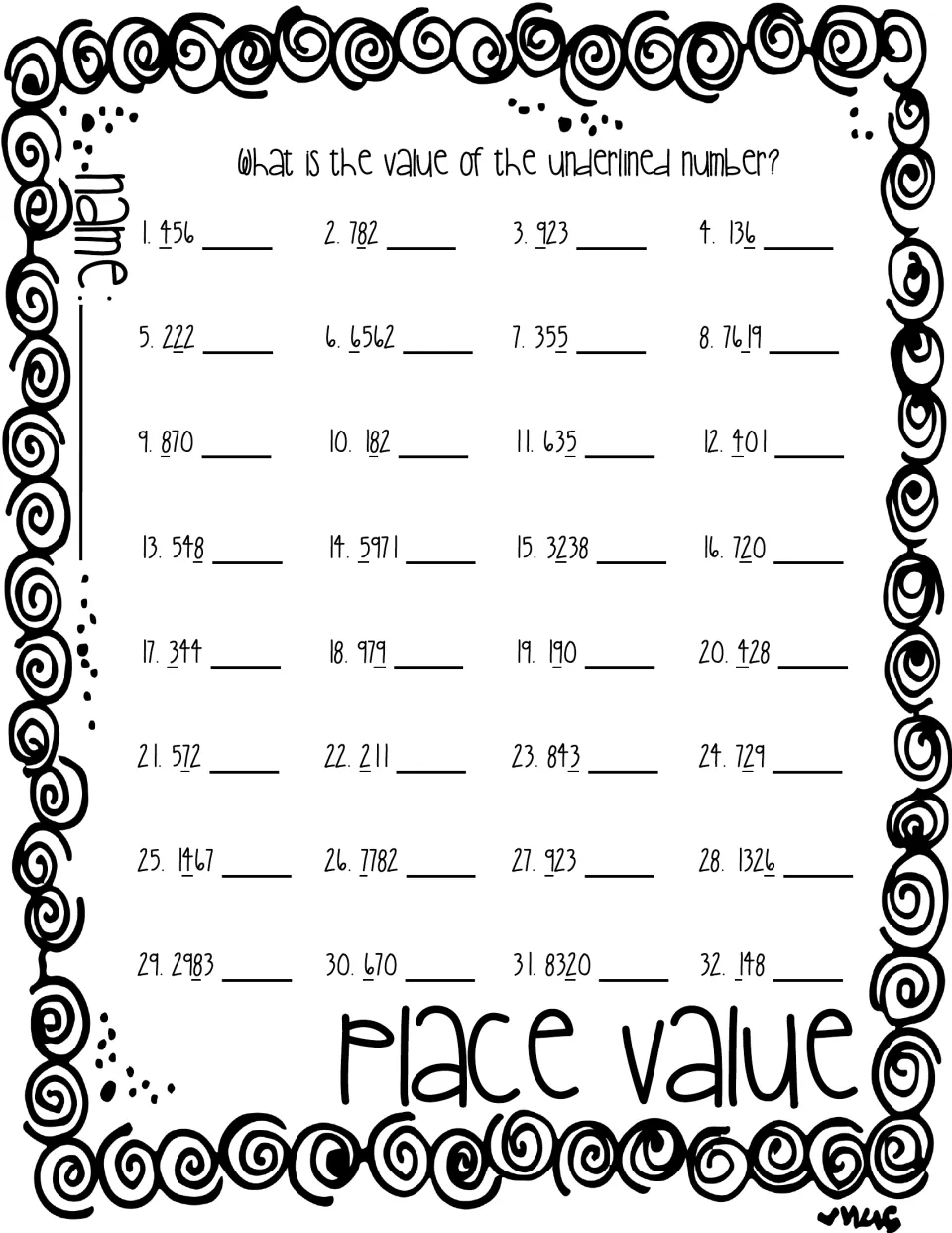 Place value: students write the value of the underlined digit in 32 three- and four-digit numbers such as 456 and 7619