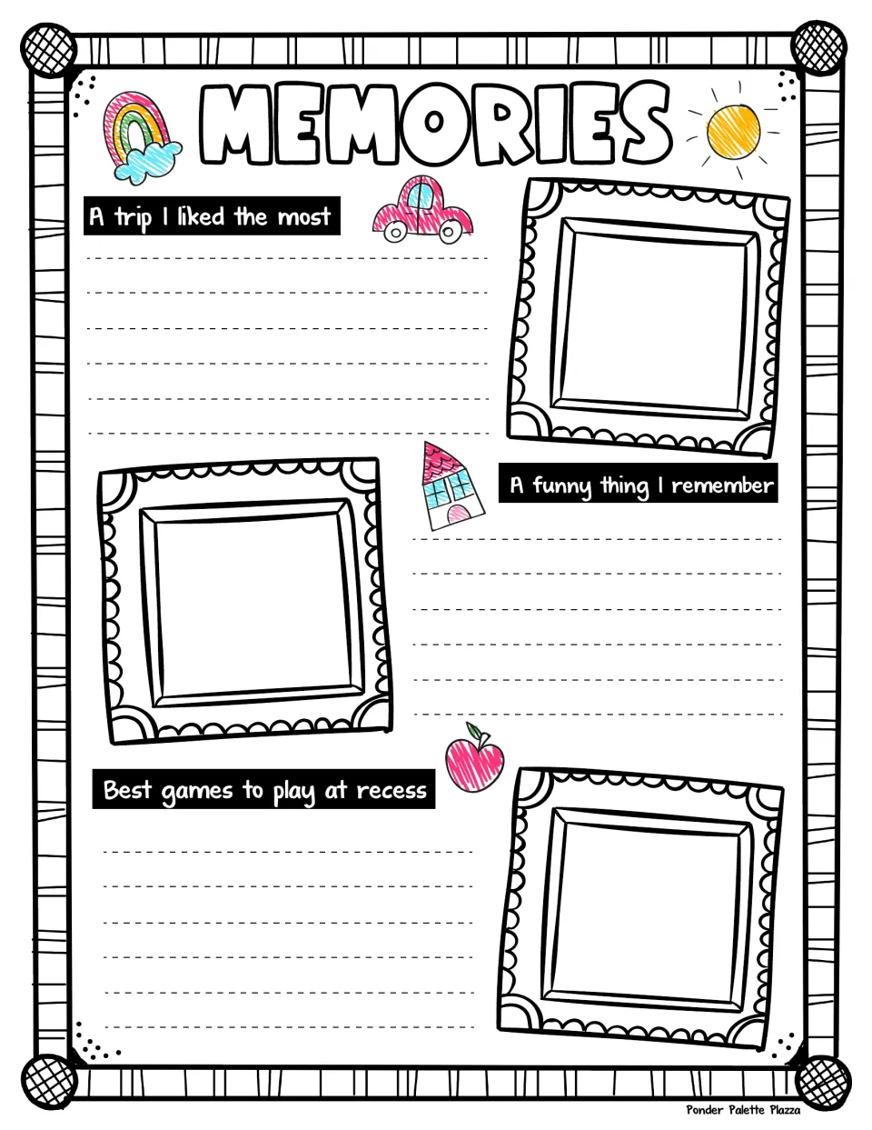 Memories page: students write about a favorite trip, a funny memory and best recess games, then draw a picture for each