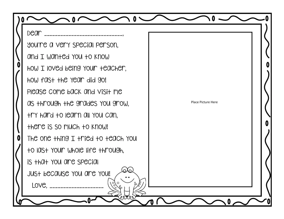 Farewell poem from teacher to student, "Dear ___," saying you are special just because you are you, with a photo spot