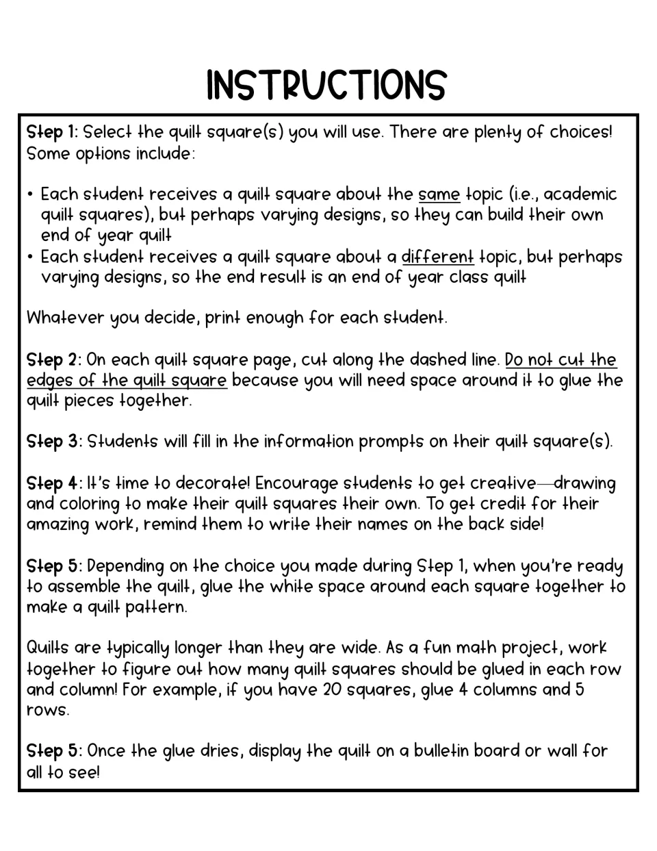 Quilt project instructions: steps to pick squares, cut them out, fill in prompts, decorate, glue and display the quilt