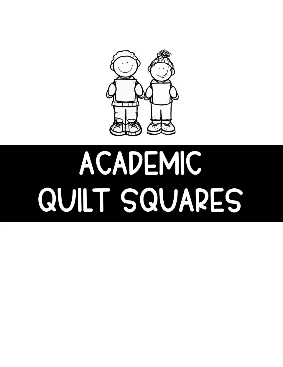 Academic Quilt Squares section title with two outlined cartoon students holding papers, introducing the school-year squares