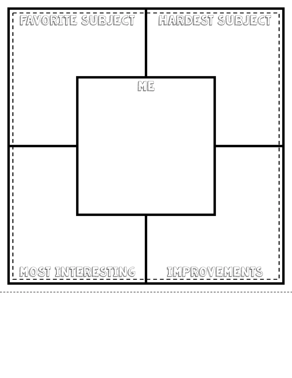 Quilt piece with a large Me square at center: students fill in favorite subject, most interesting and improvements