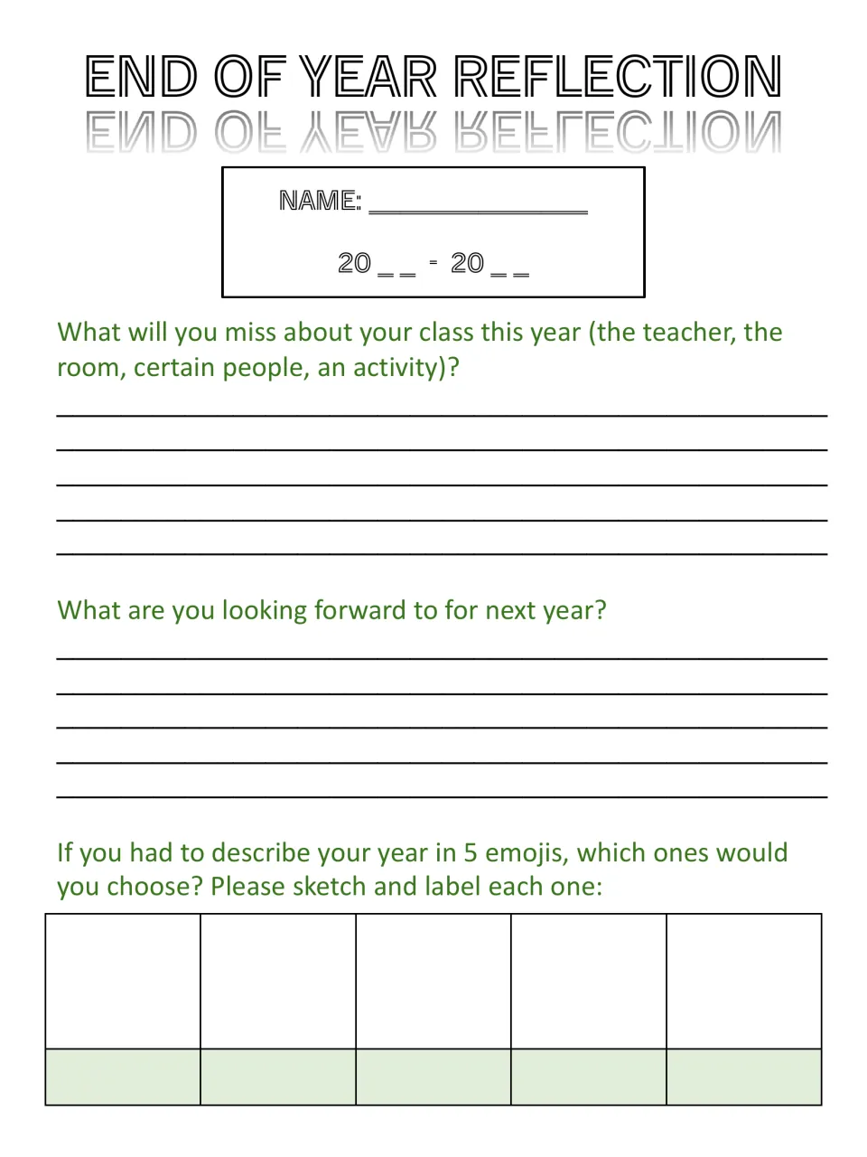Year-end reflection: students write what they'll miss and look forward to, then sketch and label 5 emojis for their year