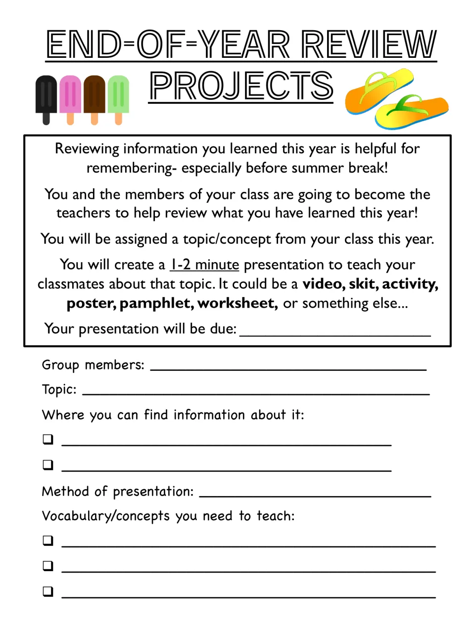 Student planning sheet for a 1-2 minute review presentation: list group, topic, sources, method and vocabulary to teach