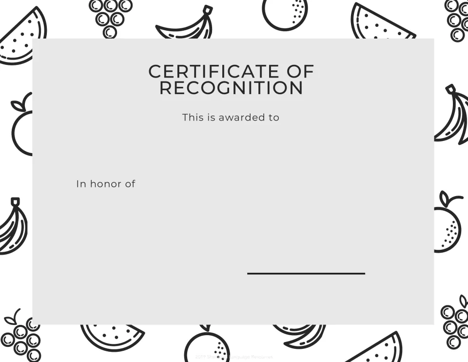 Certificate of Recognition framed by fruit outlines: 'This is awarded to' a student, with space to note what it honors