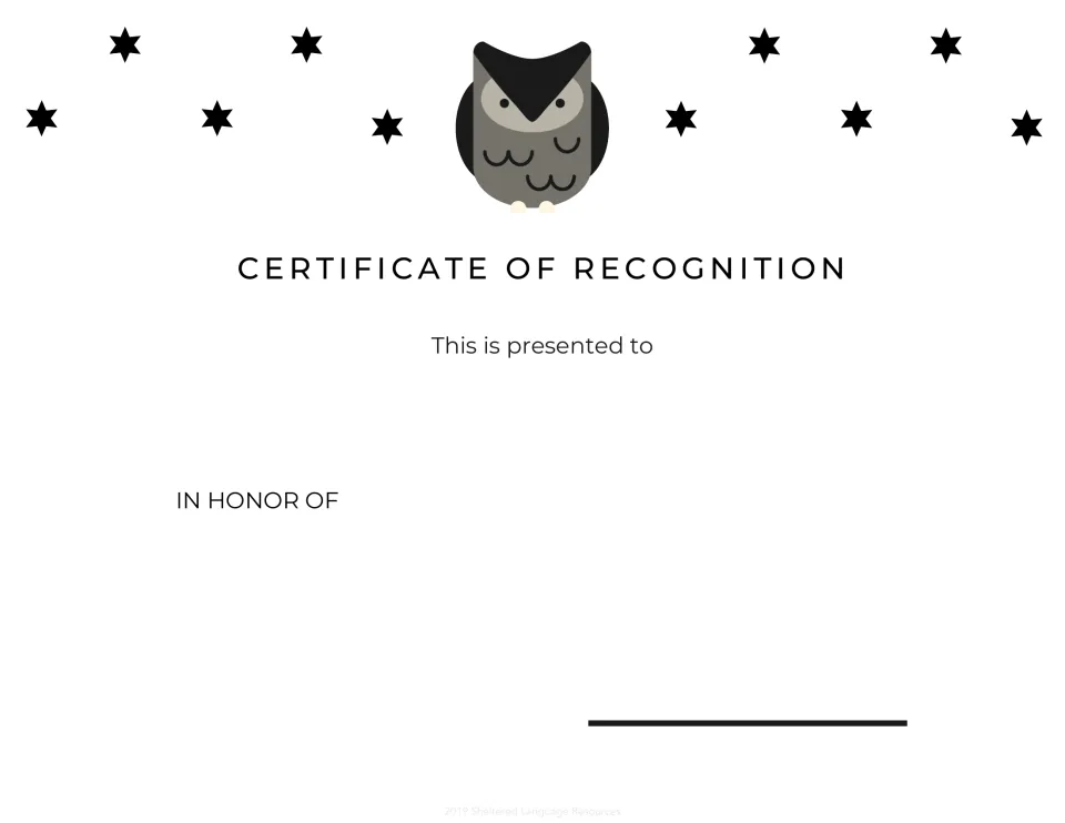 Certificate of Recognition with an owl under black stars, 'This is presented to' a student and a space for the honor
