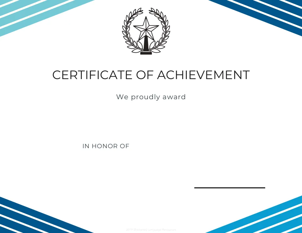 Certificate of Achievement with a star trophy in a laurel wreath: 'We proudly award' a student, then a reason in honor of
