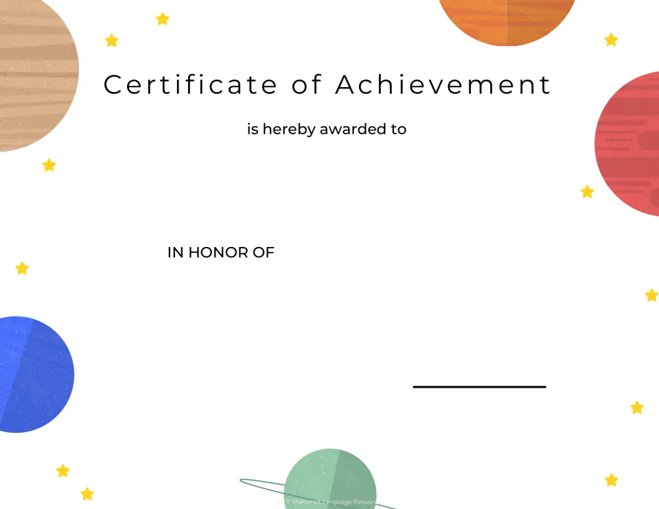 Outer-space Certificate of Achievement with planets and gold stars, 'is hereby awarded to' a student and what it honors