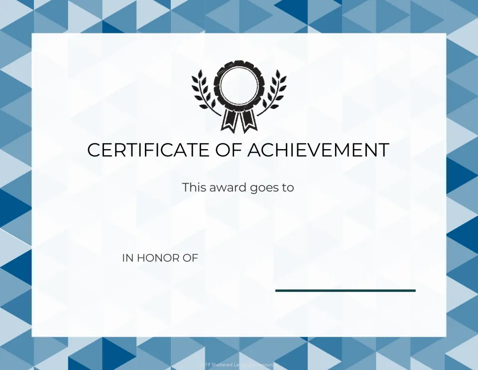 Certificate of Achievement with a ribbon rosette and laurels: 'This award goes to' a student, with space for the honor